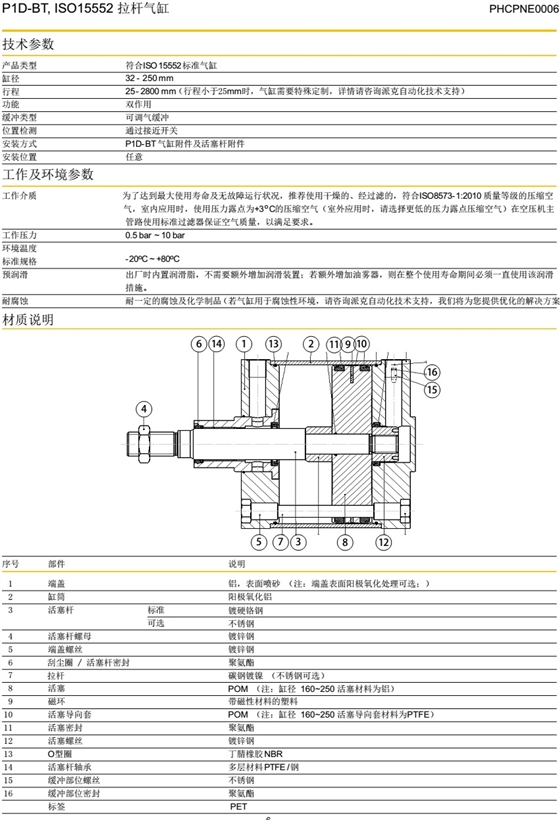 Parker气动派克气P1D-BT系列气缸ISO15552拉杆气缸