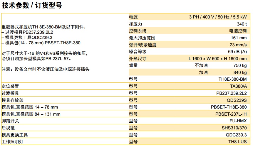 Parker派克重载卧式扣压机TH8E-380-BM 手艺参数